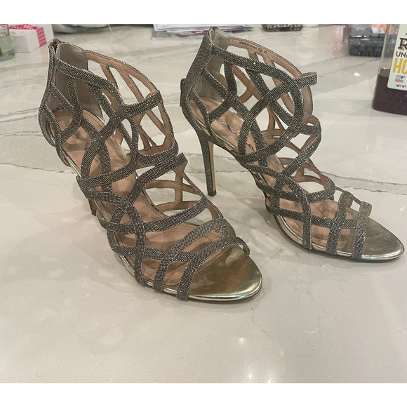 NINA Gold Sparkle Strappy Cage Zip Open-Toe Cocktail Wedding Heels - Picture 10 of 12